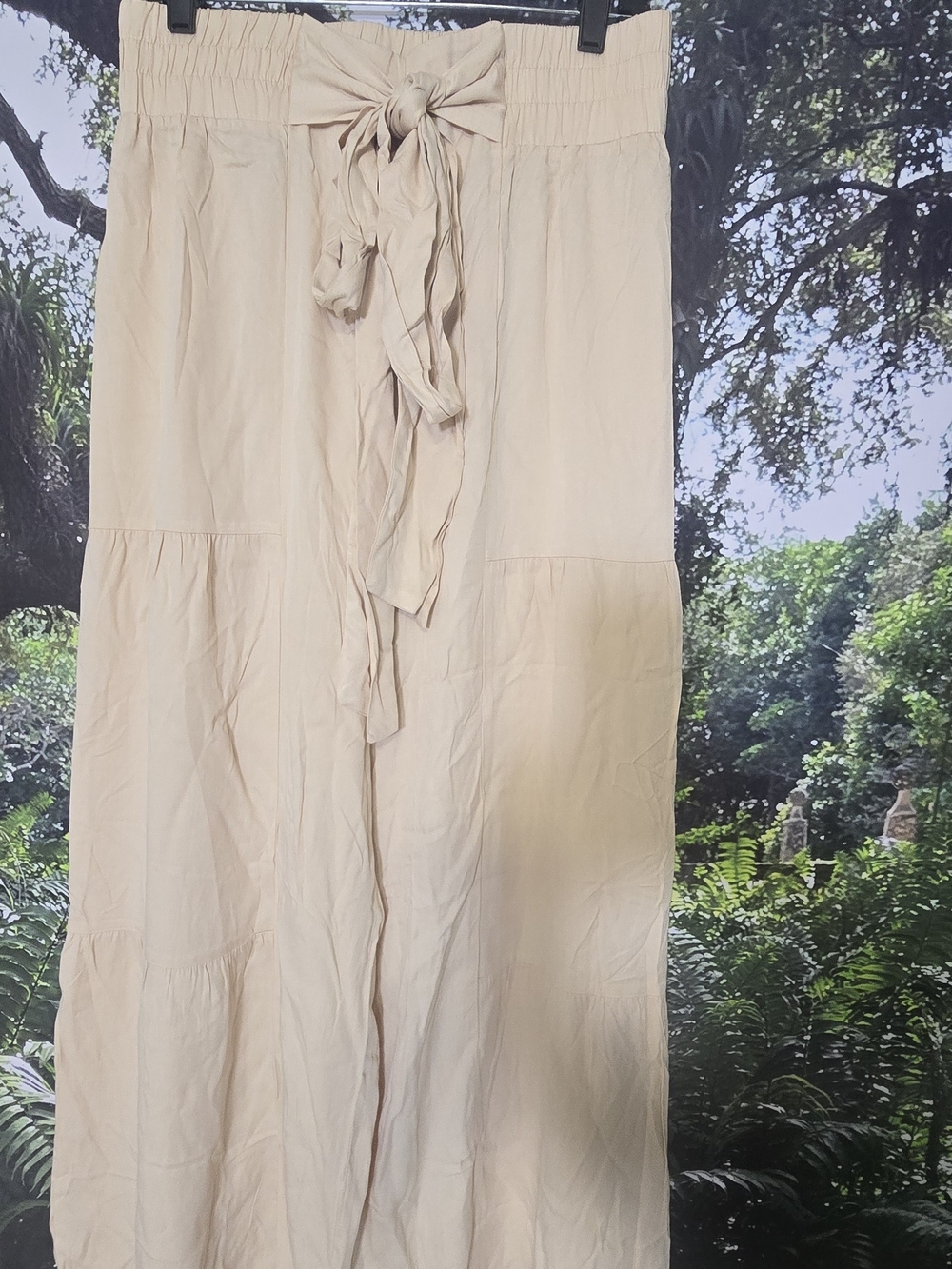 Straight-Leg Cream Wide-Leg Pants with Front Tie